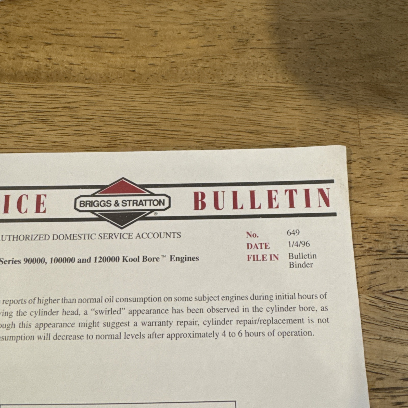 Briggs & Stratton 1996 Model Series 90000- Kool Bore Engines Service Bulletin