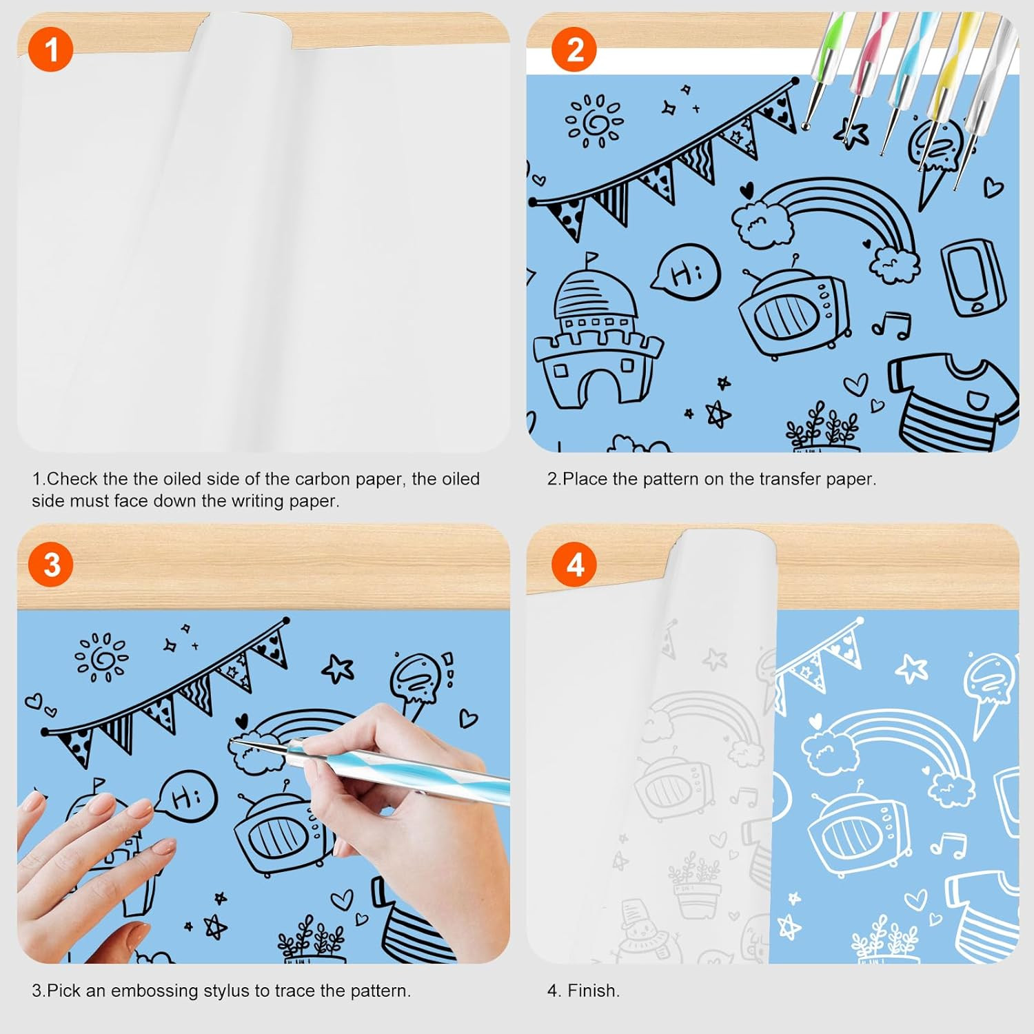 200 Sheets White Carbon Transfer Papergraphite Tracing Paper with Embossing Styl