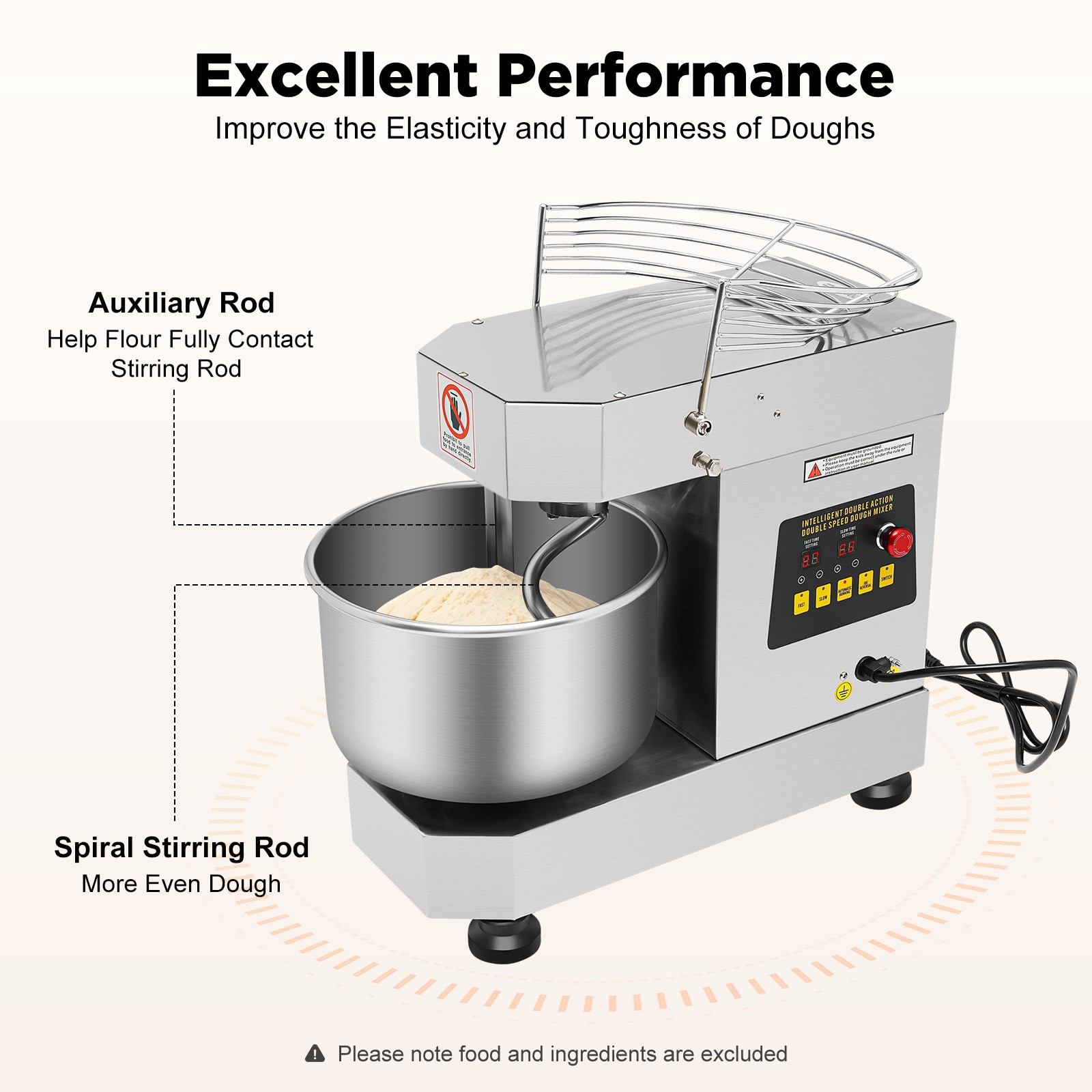 110V 60Hz Dough Kneading Machine 750W Commercial Dough Mixer, Max 360° Mixing