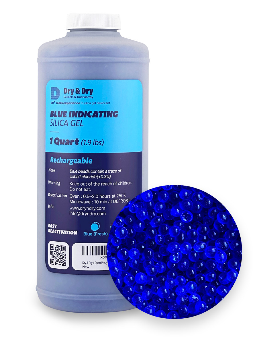 1 Quart Blue Silica Gel Bead in Round Bottle(Air Tight Cap) – 1.9 LBS Reusable