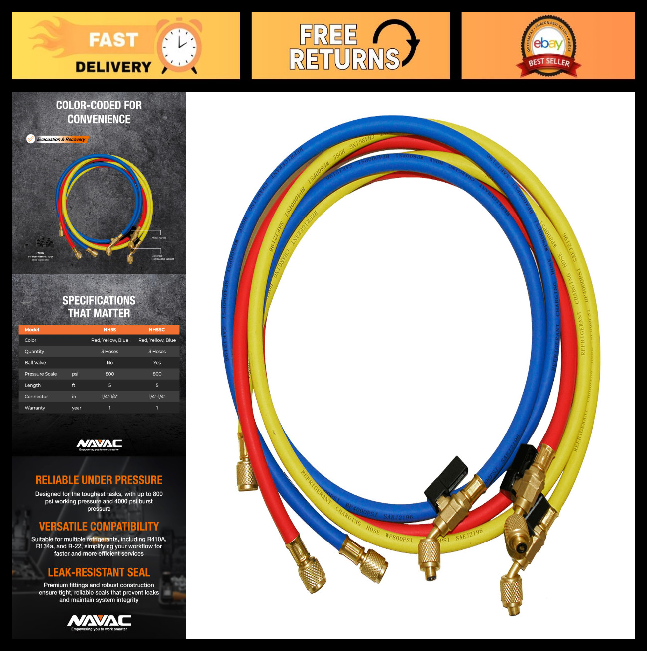 HVAC Charging Hoses 1/4″ with Ball Valve | 5ft Refrigerant Hose Kit for R410A, R