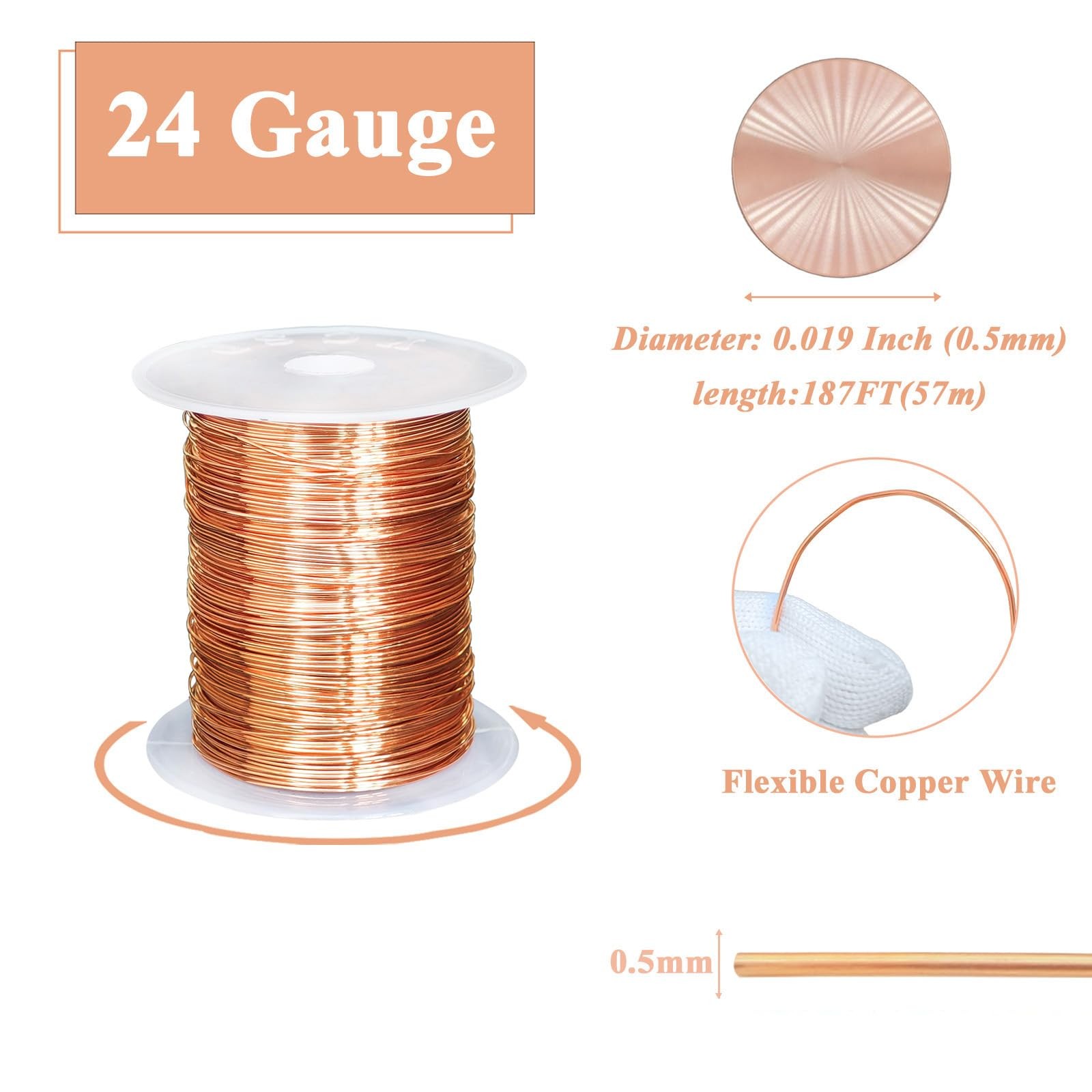 99.98% Bare Copper Wire 24Gauge (0.019″) 187ft (57m) Copper Wire for electroc…