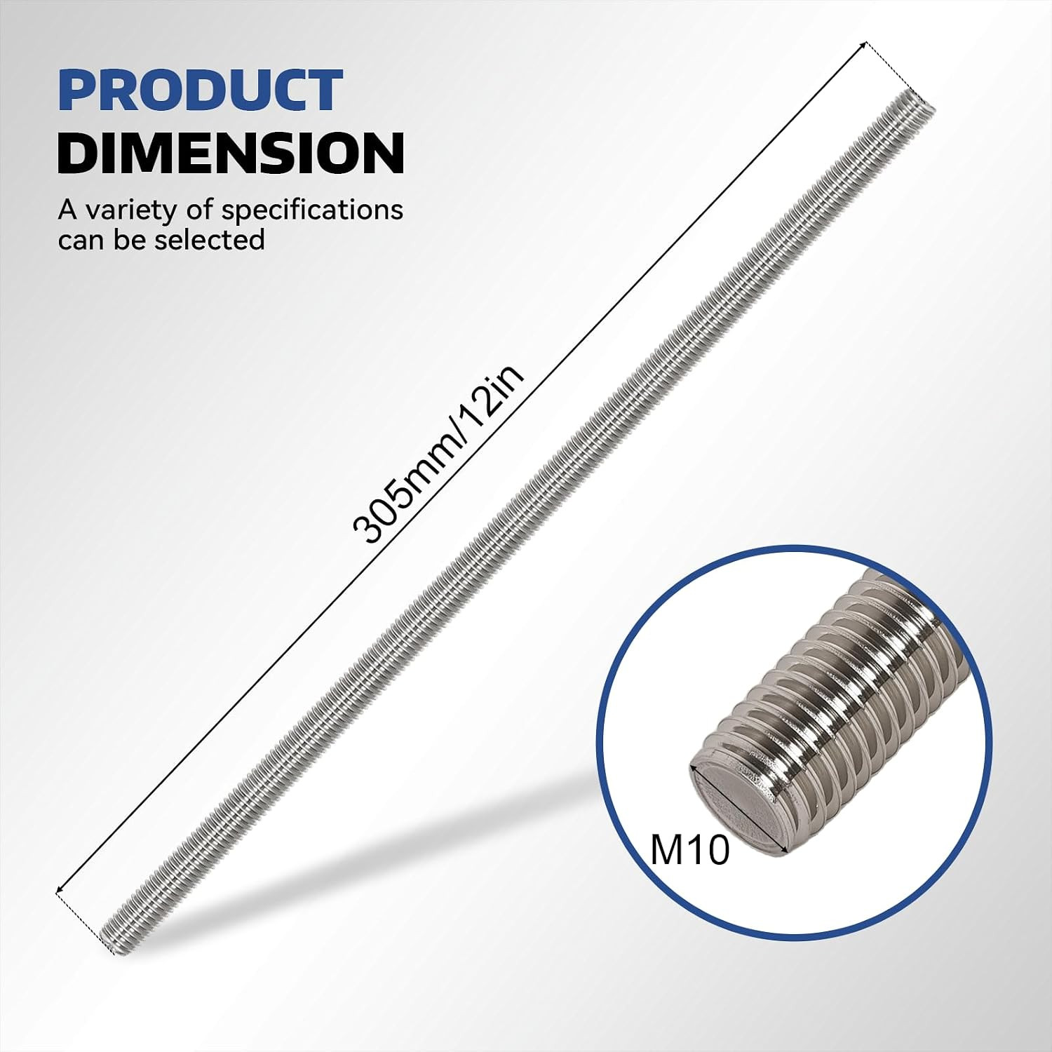 8 Pcs 304 Stainless Steel M10 Fully Threaded Rod,12″(305mm) Long Threaded Rod,Ri