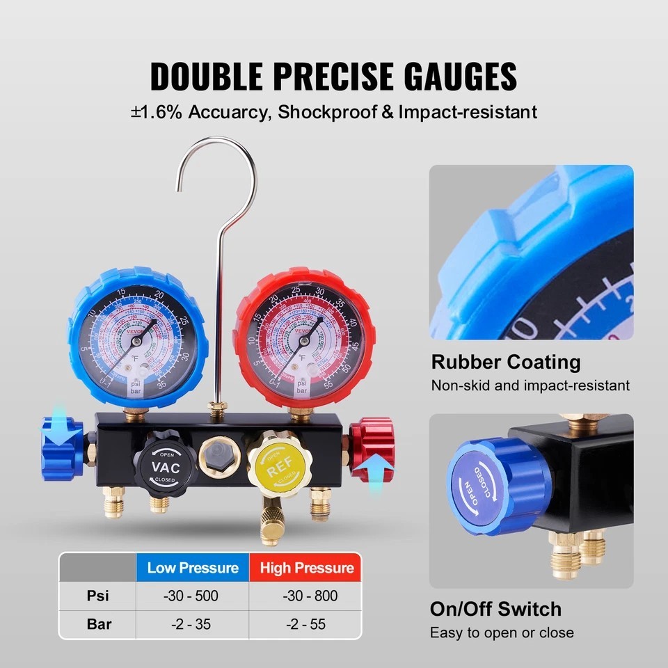 AC Manifold Gauge Set 4-Way Fit R134A R12 R410A Refrigeration Charging