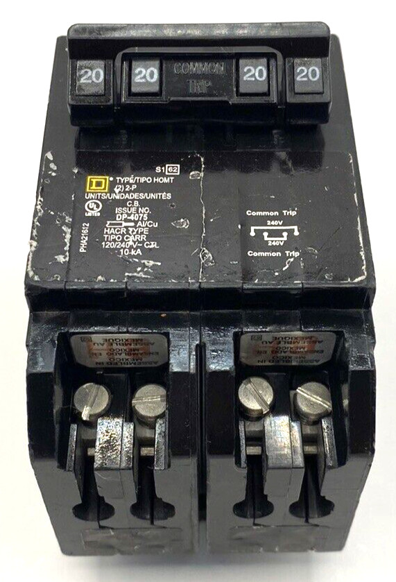Homeline HOMT220220 Quad Two 2 Pole 20 Amp 120 240V AC Plug In Square D Breaker