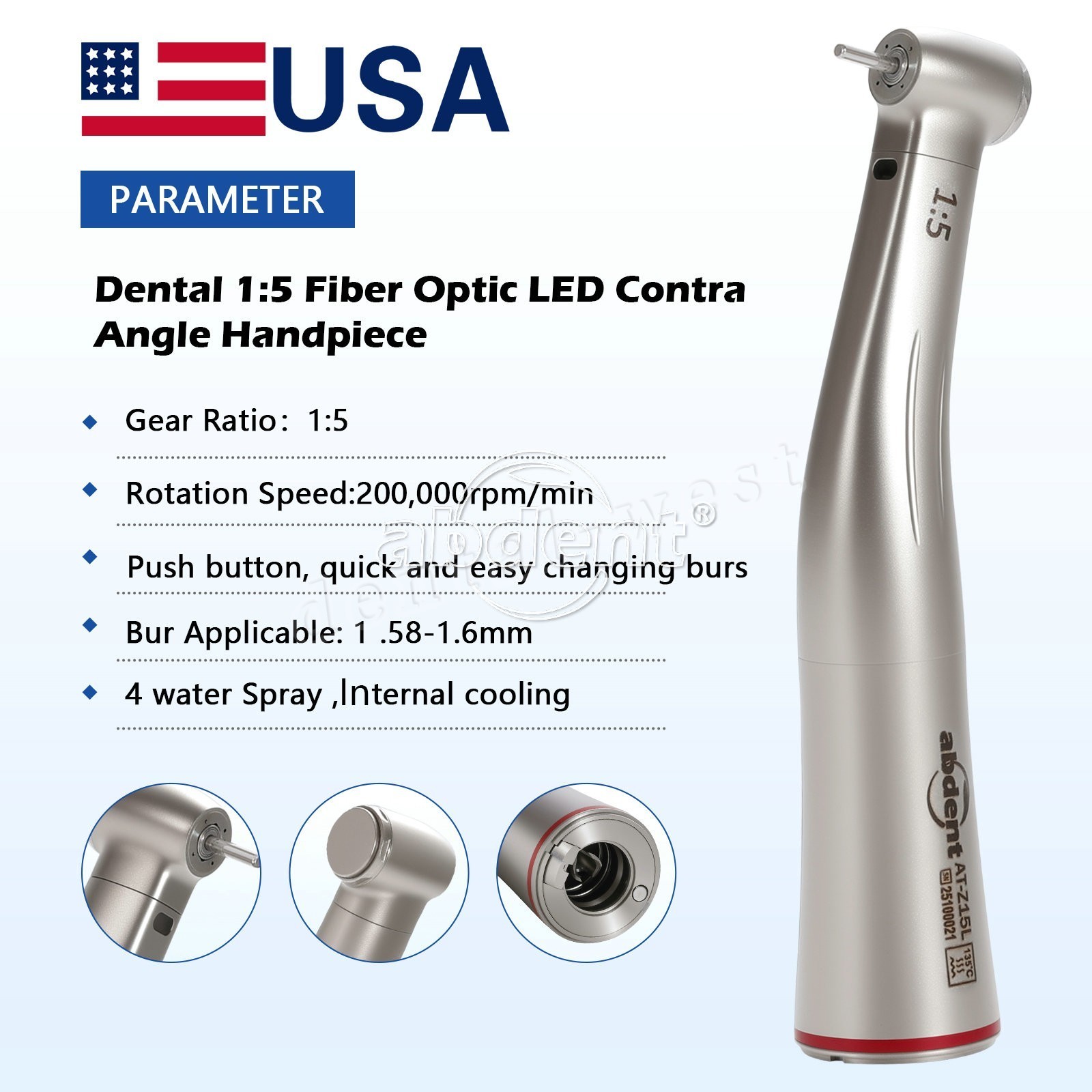 Dental 1:5 LED Fiber Optic Increasing Contra Angle NSK Style CE FDA