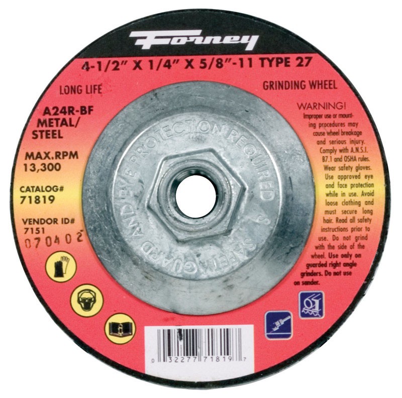Forney 71819 Aluminum Oxide 13,300 rpm 4-1/2 Dia. in. Metal Grinding Wheel