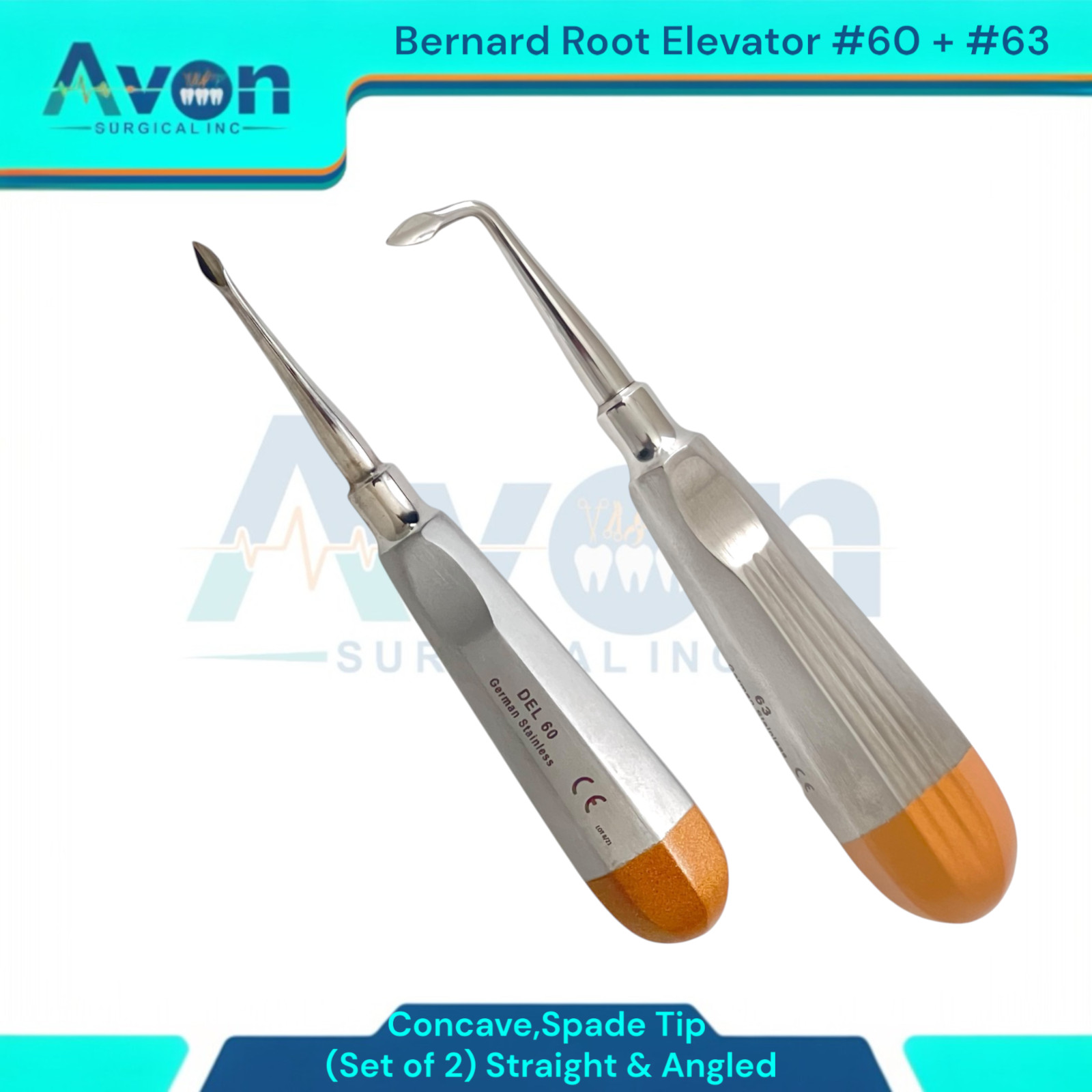 Spade Tip Bernard Root Elevator Pick, #60 Str + #63 Angled, Hollow Handle – 2PK