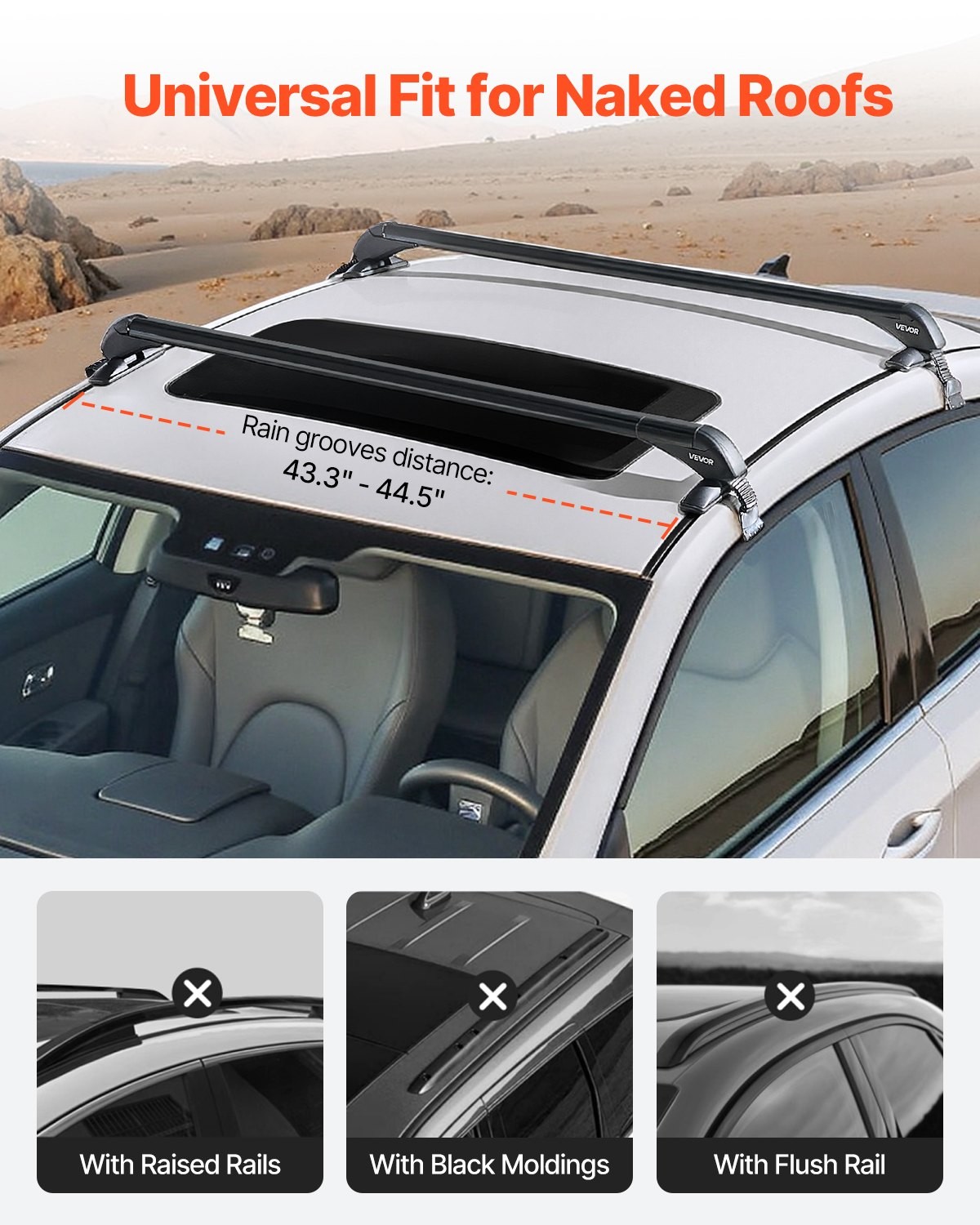 Roof Rack Cross Bars, Universal Fit for Naked Roofs Without Raised Rails/Flush R