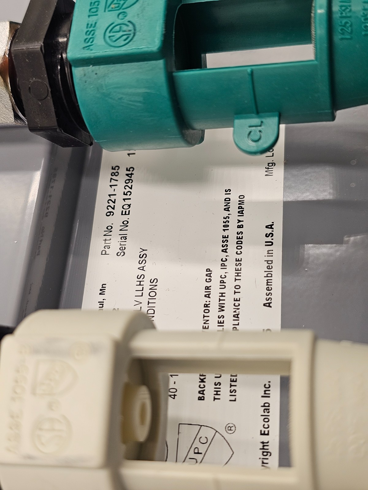 ECOLAB C&CLN 3VLV LLHS ASSY 3 Valve Chemical Cleaning Dispenser 9221-1785