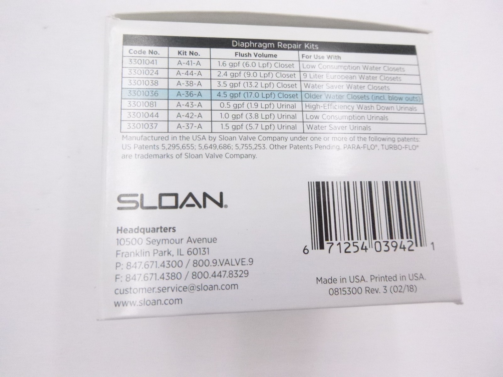 Sloan Regal Water Closet Diaphragm 4.5 GPF Flush Valve Repair Kit