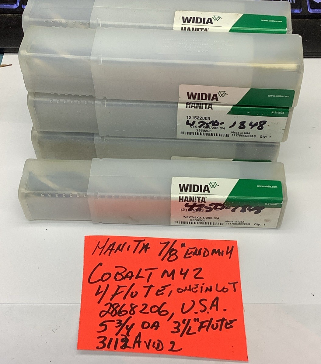 Hanita Cobalt M 42 End Mill, 7/8 X 7/8 X 3 1/2 X 5 3/4 , USA , 4 Flute, 3112-15