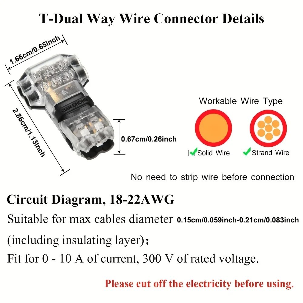 10/20PCS T-Tap 2-Pin Wire Connectors 22-18 AWG Quick Splice Low Voltage
