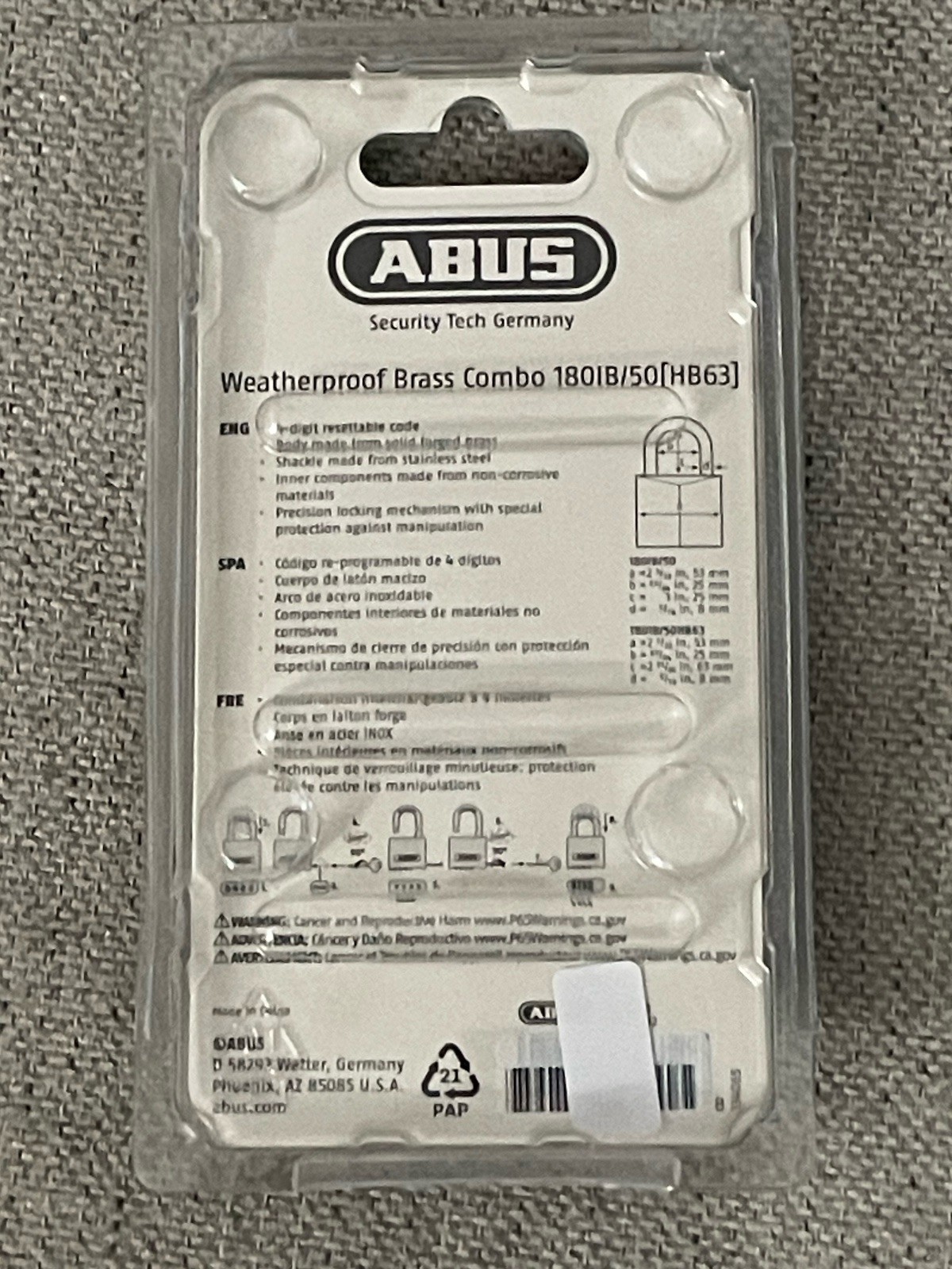 Brand New Abus 180Ib/50 Combination Padlock Bottom Black/Silver