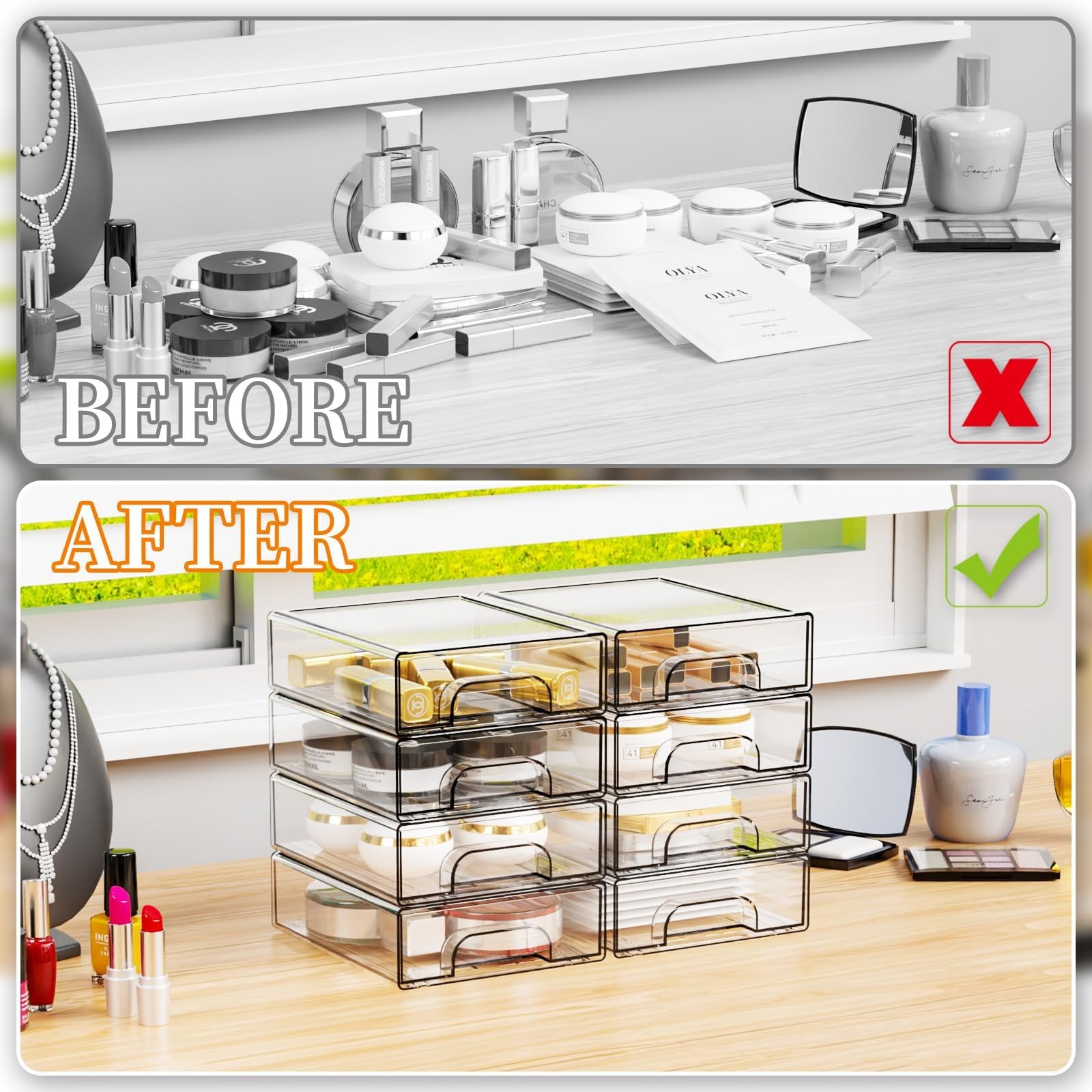 8 Pack Acrylic Drawer Organizer, 2.2in Tall Stackable Clear Storage Bin Part