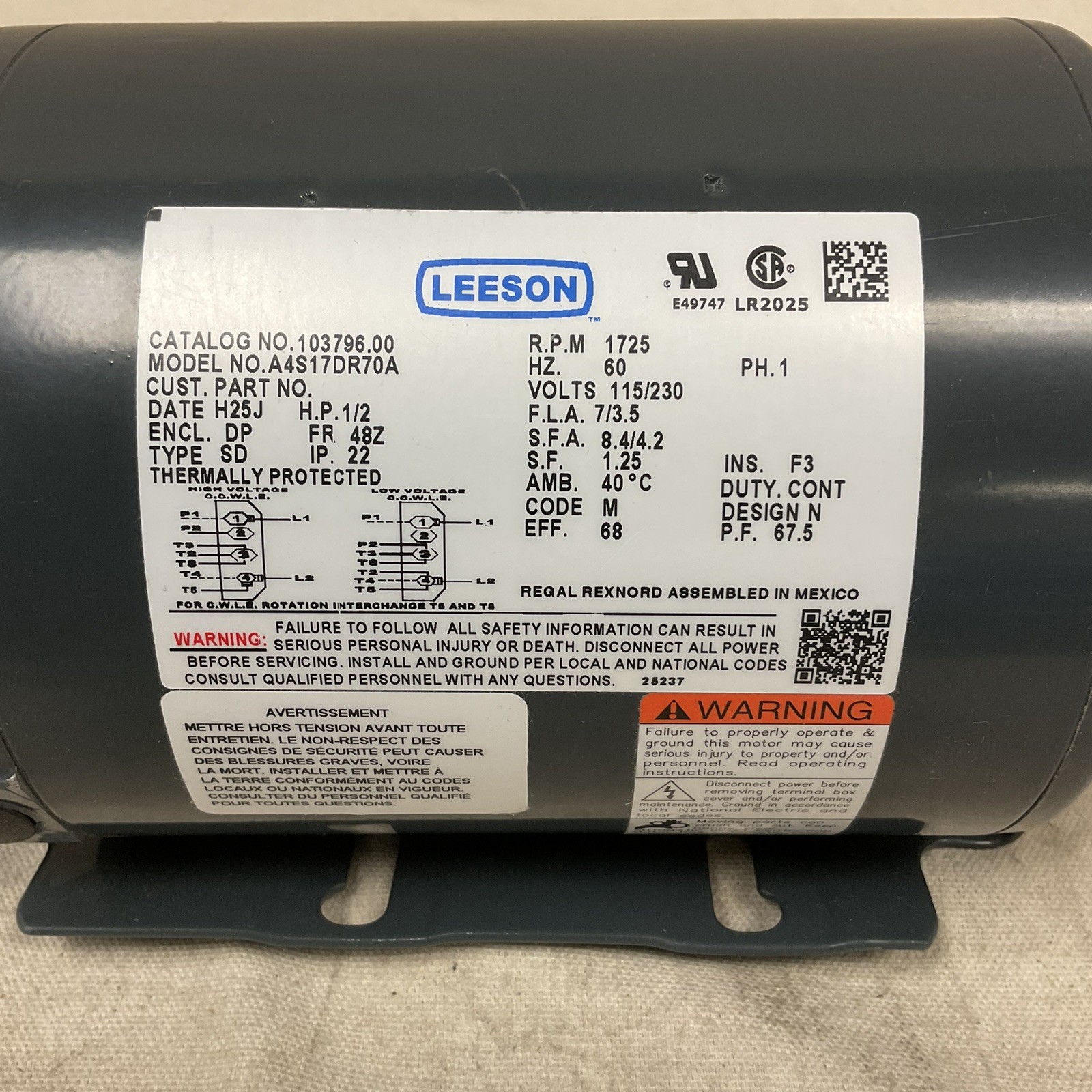 LEESON 103796.00 Refrigeration Motor Open Drip Proof 1/2hp