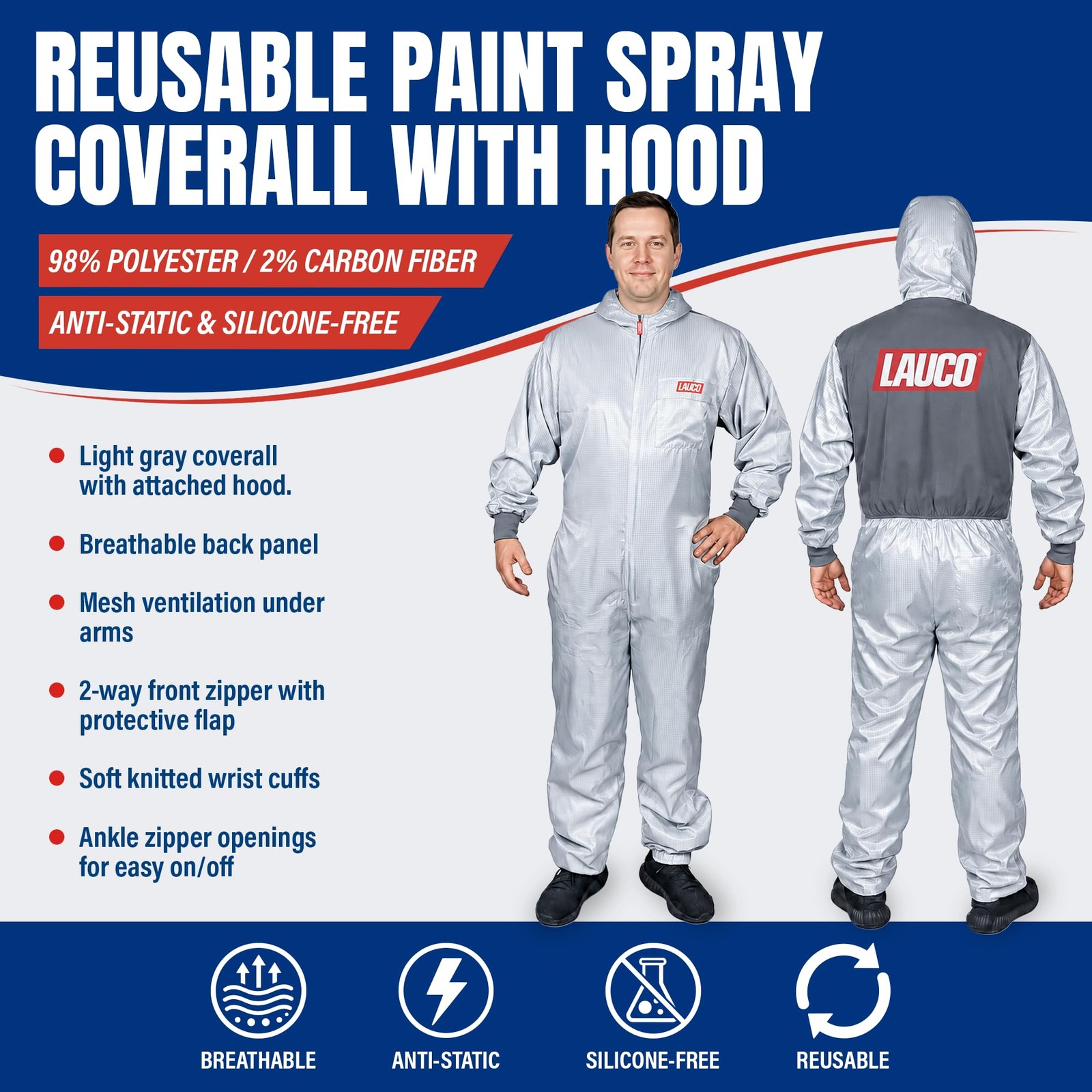 LAUCO Reusable Paint Spray Coverall with Hood, Anti-Static Silicone-Free