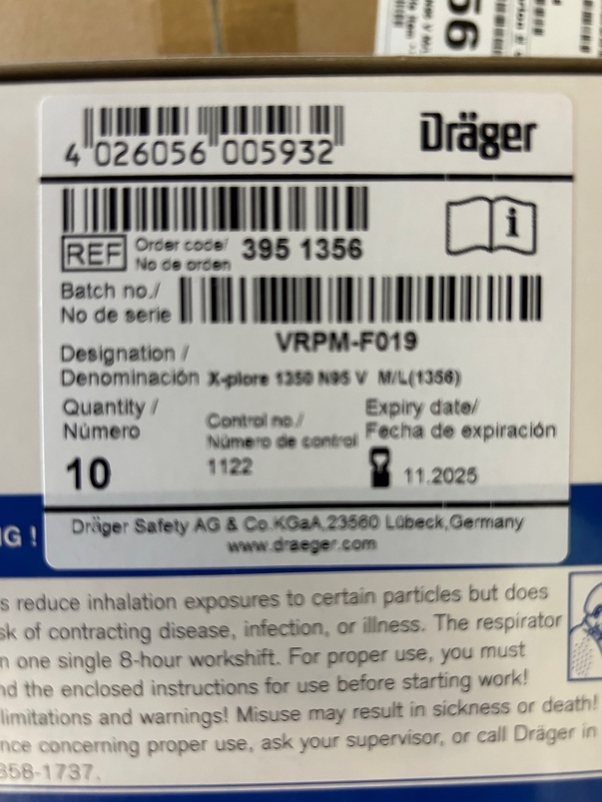 Drager X-plore 1350 N95-V Particulate Respirator Mask, Case of 180, Wrapped