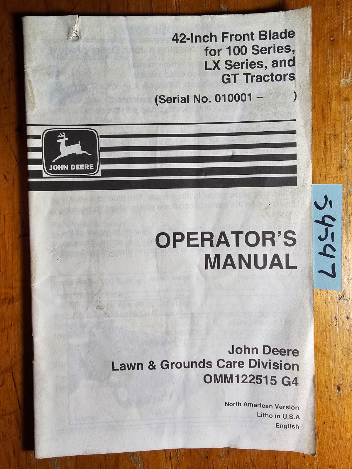 John Deere 42″ Front Blade S/N 10001-90000 for 100 LX GT Series Tractor Manual
