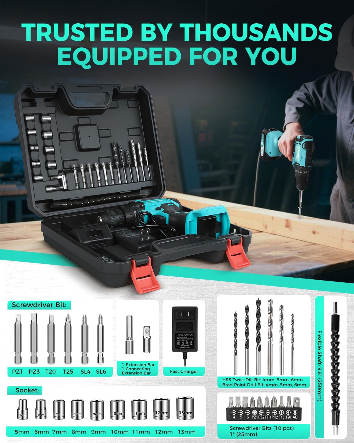 Comoware 20V Cordless Drill Electric Power Drill Set 1 Battery Charger 3/8