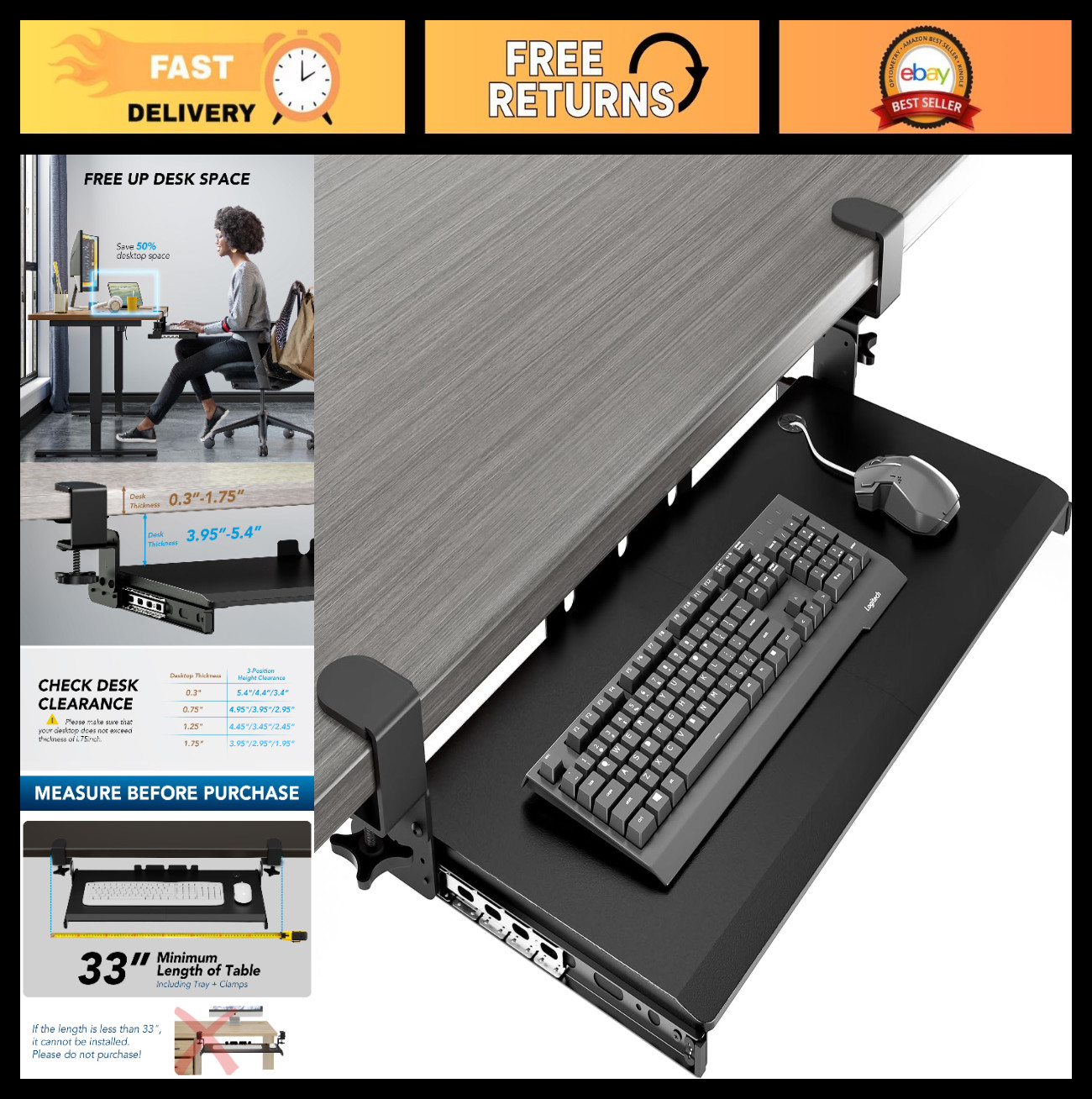 Adjustable Under Desk Keyboard Tray with C-Clamp Mount, 27.3″ x 11″ Slide-Out Dr