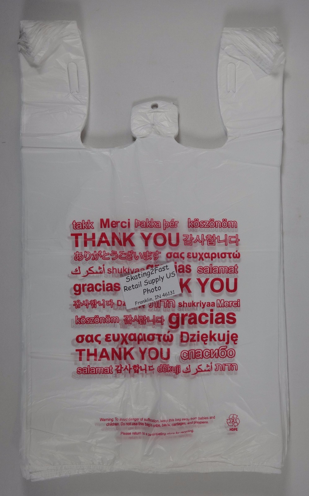Qty. 100 Multi Language THANK YOU T-Shirt Bags 11.5″ x 6″ x 20.5″ Bags Only