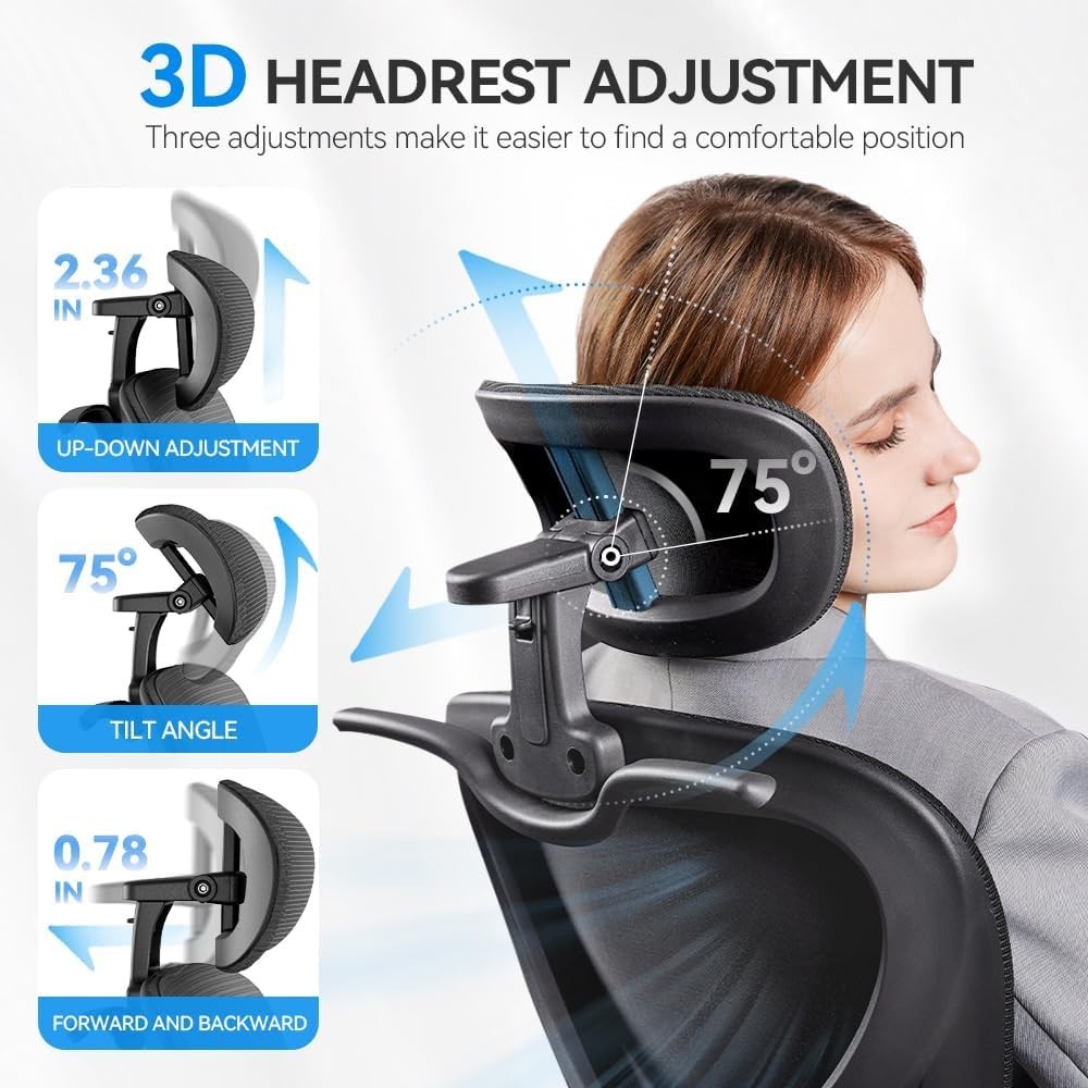 Ergonomic Office Chair with Headrest 3D, Mesh Office Desk Chair with Adjustab…