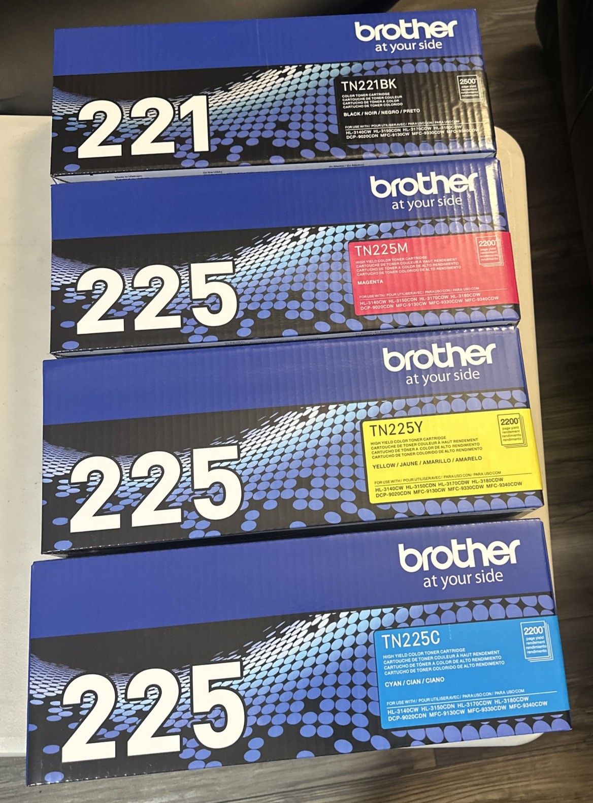 Brother TN221 TN225 Toner 4pk | Blk Cyan Magenta Yellow | HL-3170CDW MFC-9340CDW