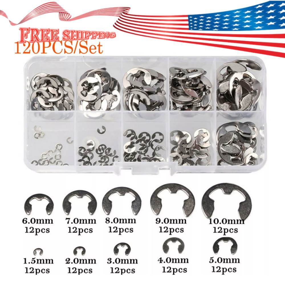 120X Assorted M1.5 – M10 Stainless E Clips C Circlip Kit Retaining Snap Ring Set