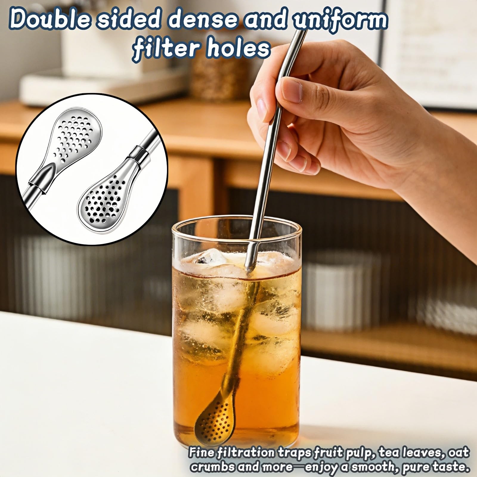 Stainless Steel Filter Straw Spoon, 2-in-1 Reusable Metal 9.65 Inches, Silver