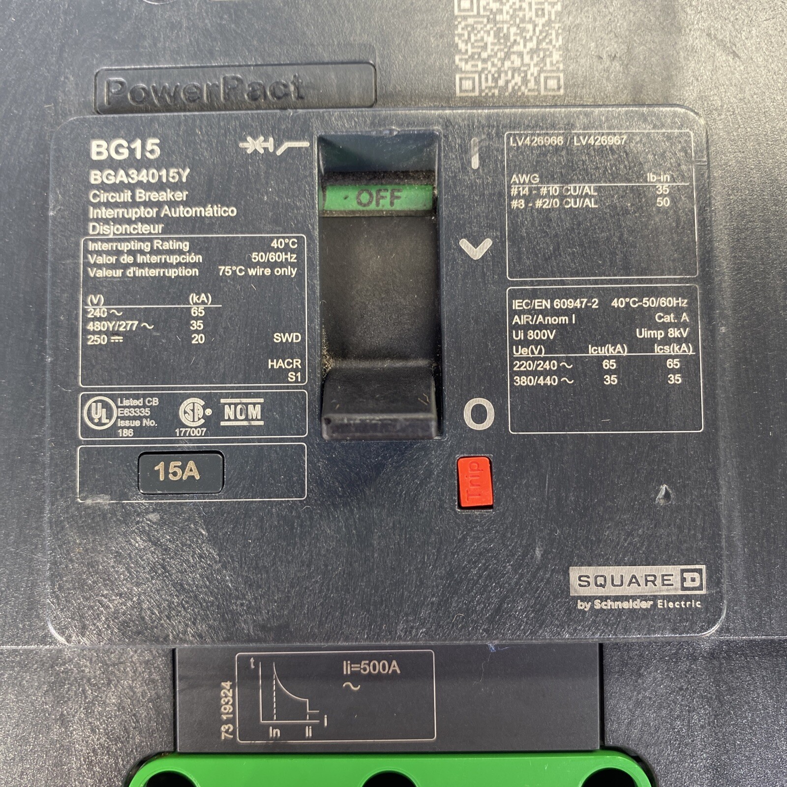 Square D BGA34015Y 15 Amp 480/277V 3 Pole Circuit Breaker-Warranty New Take Out