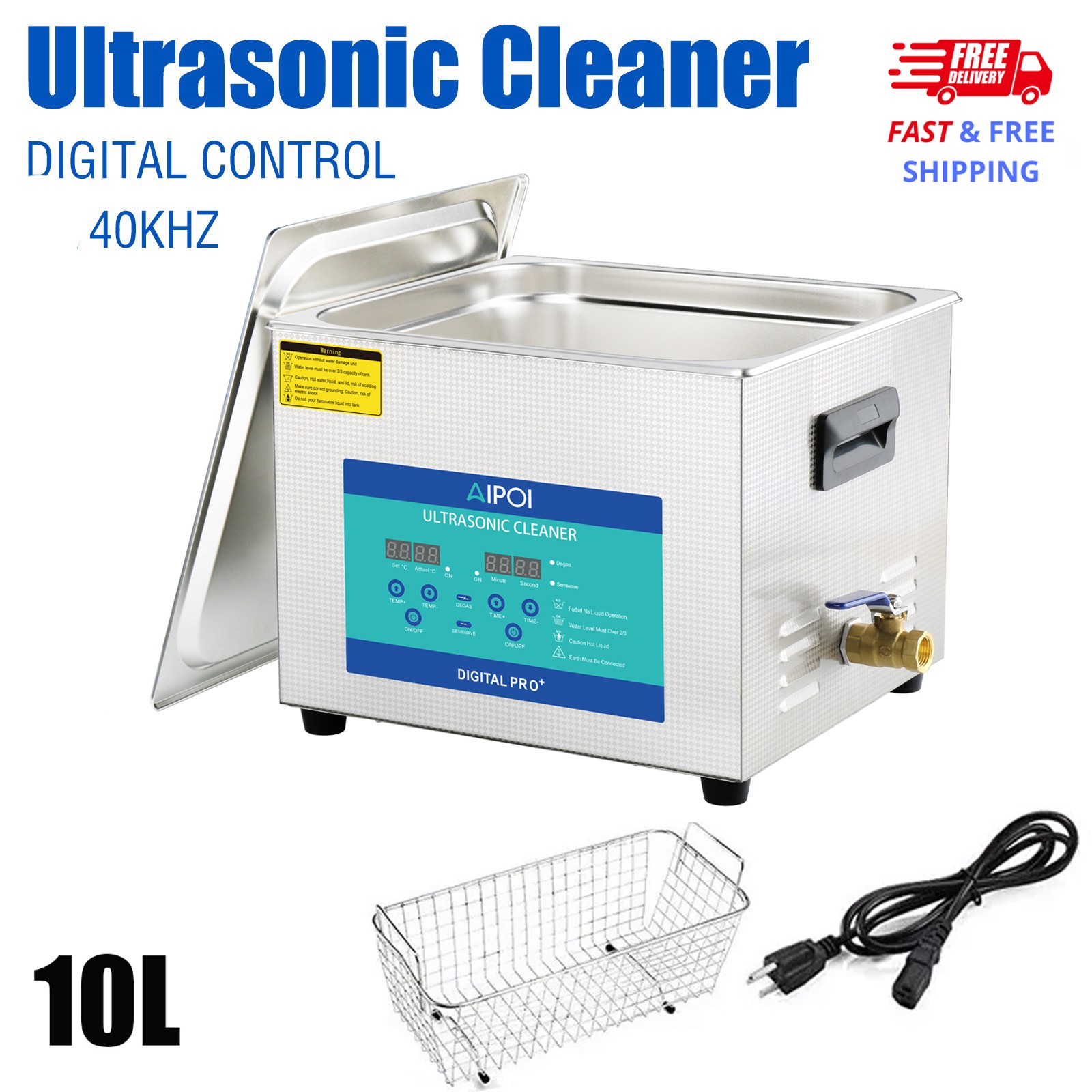 AIPOI 10L Ultrasonic Cleaner with Timer Heating Machine Digital Sonic Cleaner