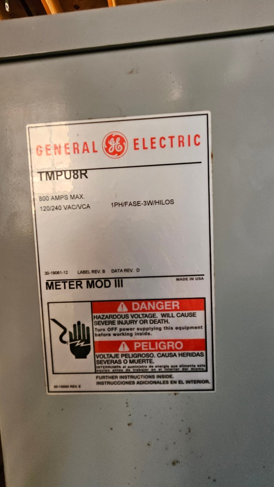 GE General Electric TMPU8R Meter MOD III Module Main Pull Box 800 Amp 1 Phase