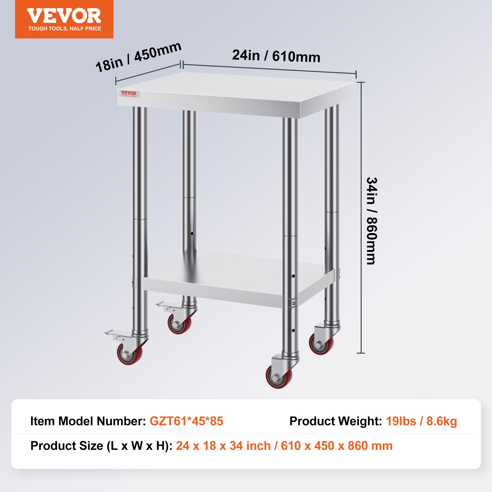 VEVOR Stainless Steel Work Table Commercial Prep Table 24×18 Inch With 4 Casters