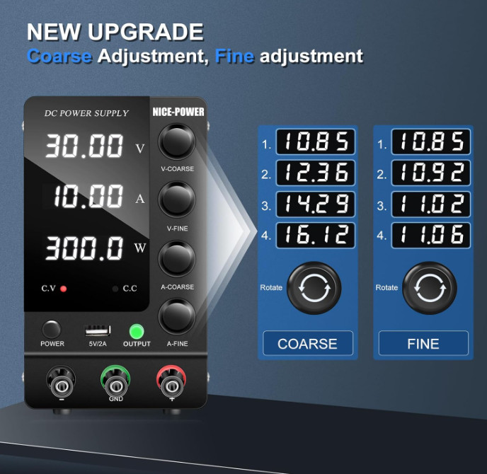 Fuente de Alimentación DC Ajustable 30V 10A con Pantalla LED y Puerto USB 5V, r