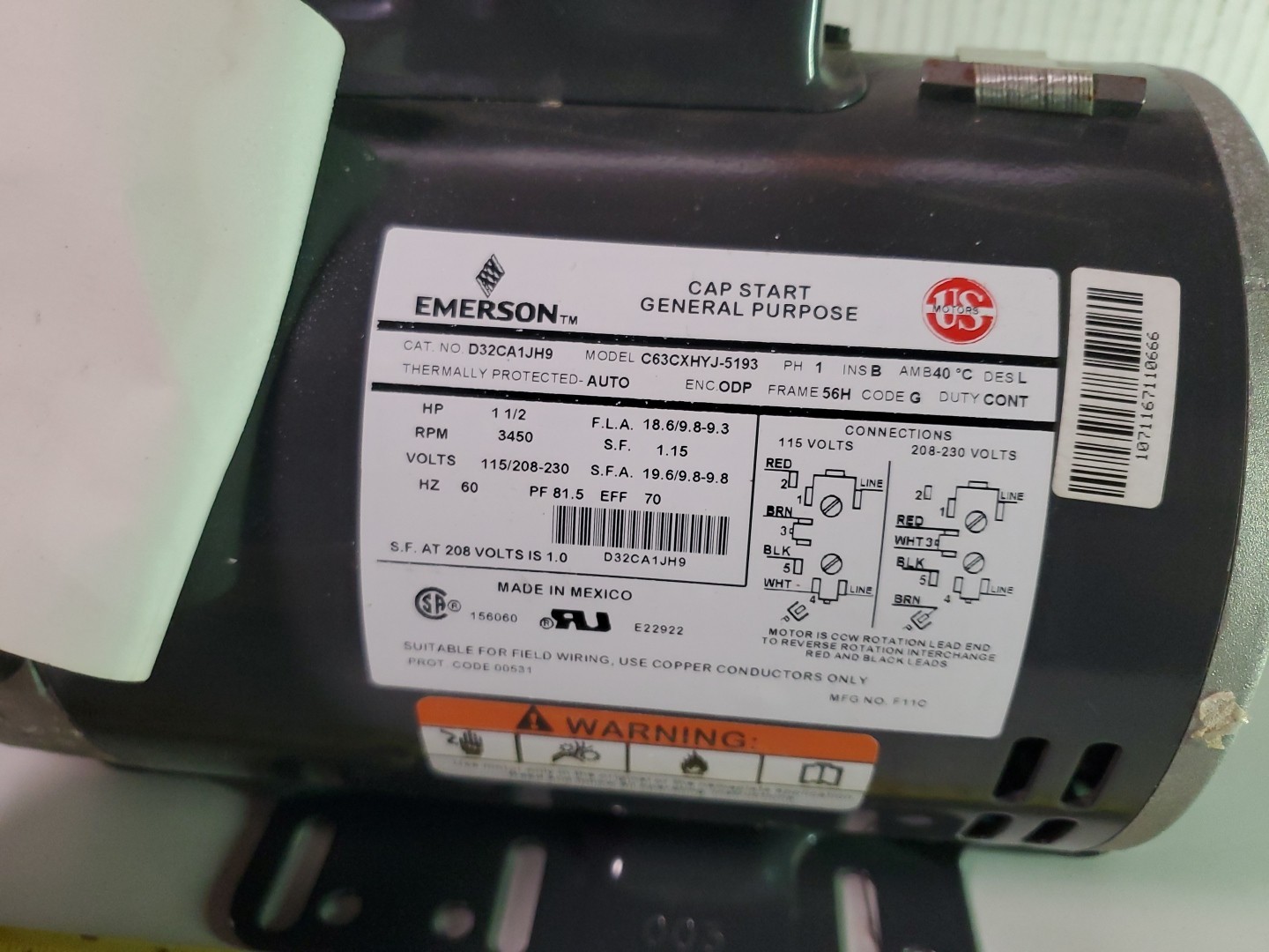 NEW EMERSON 1-1/2 HP ELECTRIC AC MOTOR 115/230V 3450 RPM 5/8″x2″ Keyed Shaft