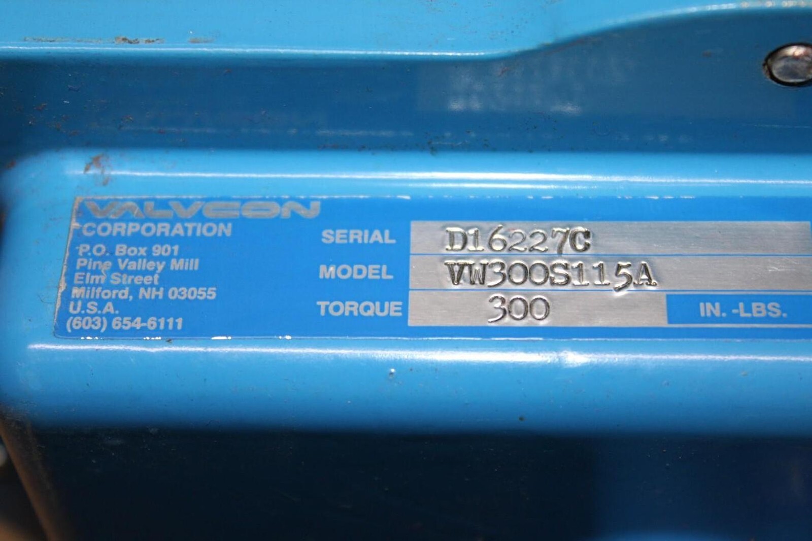 VALVCON ACTUATOR VW300S115A 300 IN-LBS 115 VAC 0.6 AMP 10 SEC CYCLE **WARRANTY**