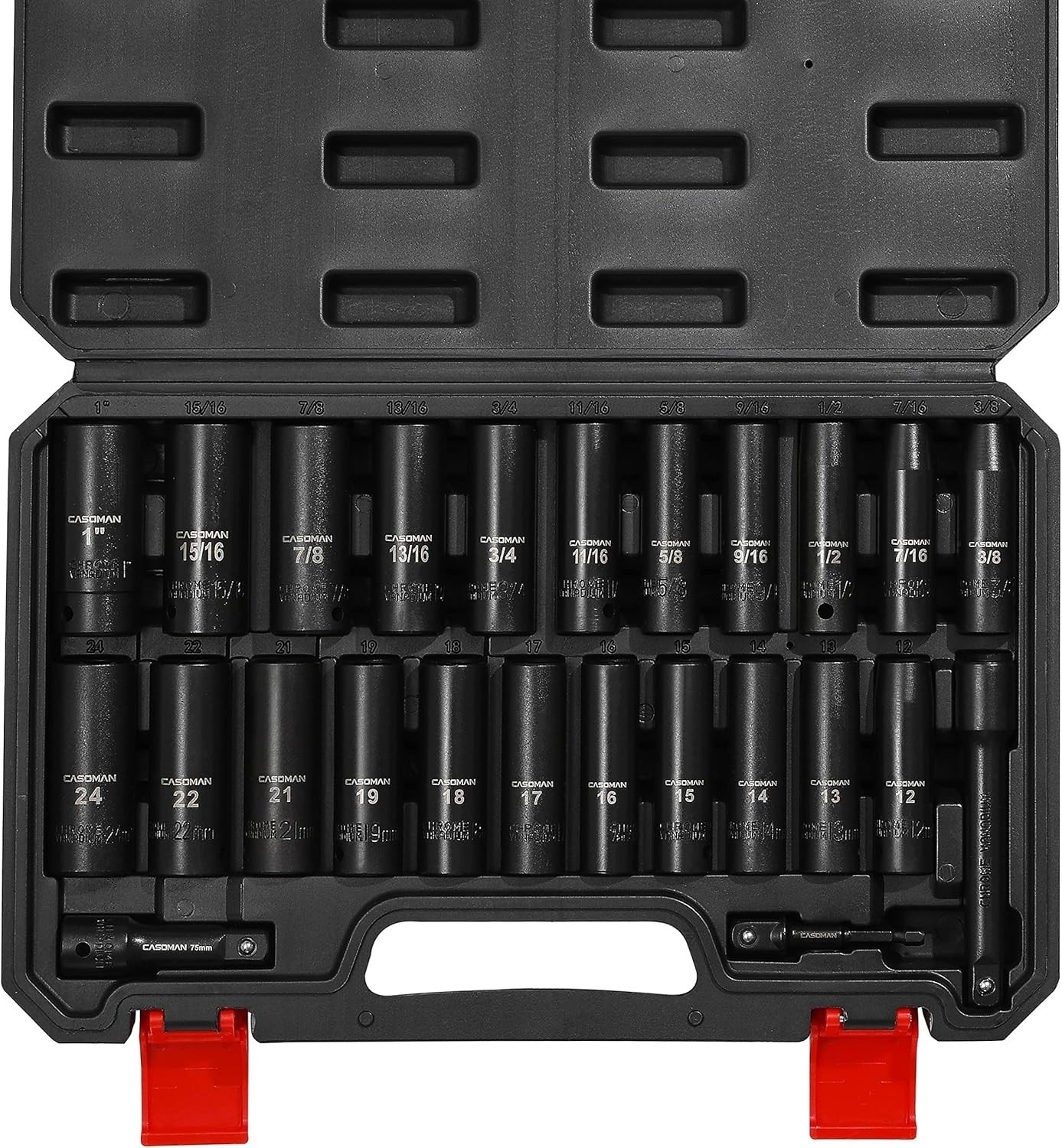 25PCS 1/2″ Drive Impact Socket Set, Deep, Cr-V Steel, 6 Point, Metric&SAE, 12mm