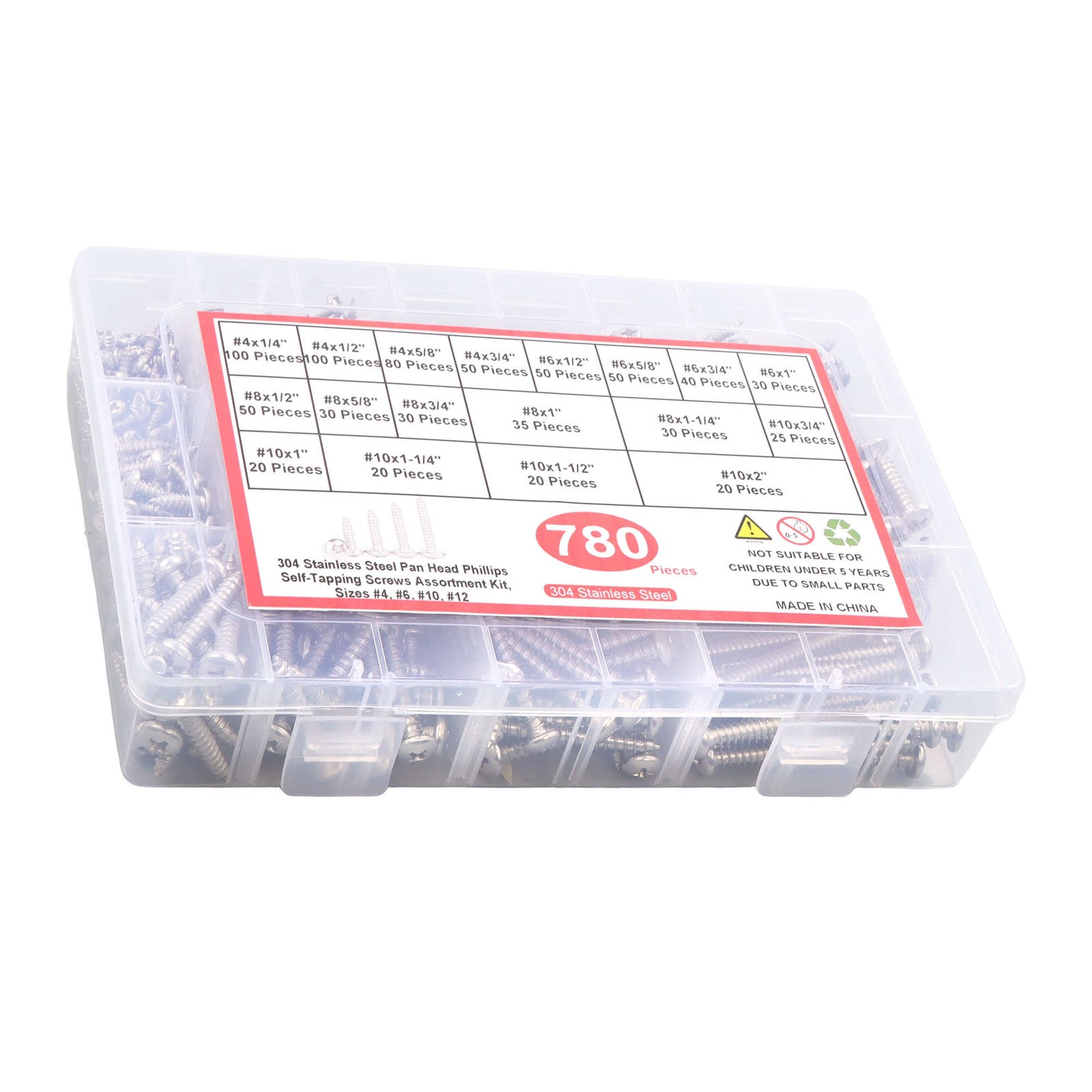 780 Pcs Pan Head Sheet Metal Screws Assortment Kit #4#6#8#10 Stainless
