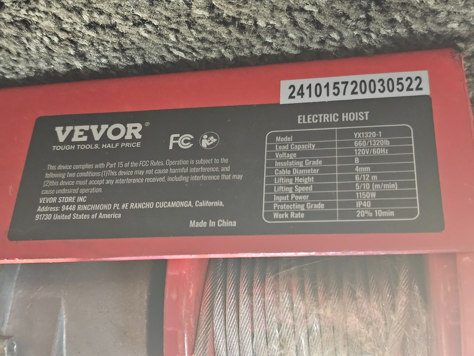VEVOR Electric Hoist 1320lbs Crane Winch with Wireless Remote Control 1150W 110V
