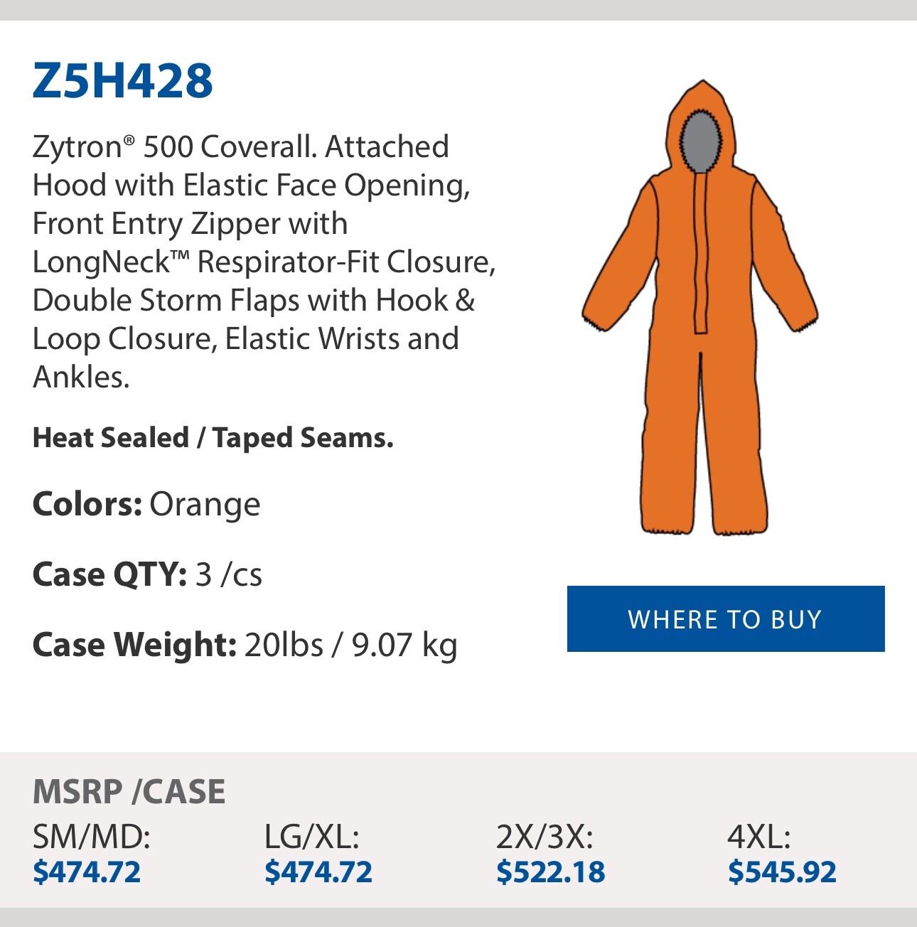 NEW Kappler Zytron Z500 Coverall w/ Hood & Elastic Wrists & Ankles LG/XL Z5H428