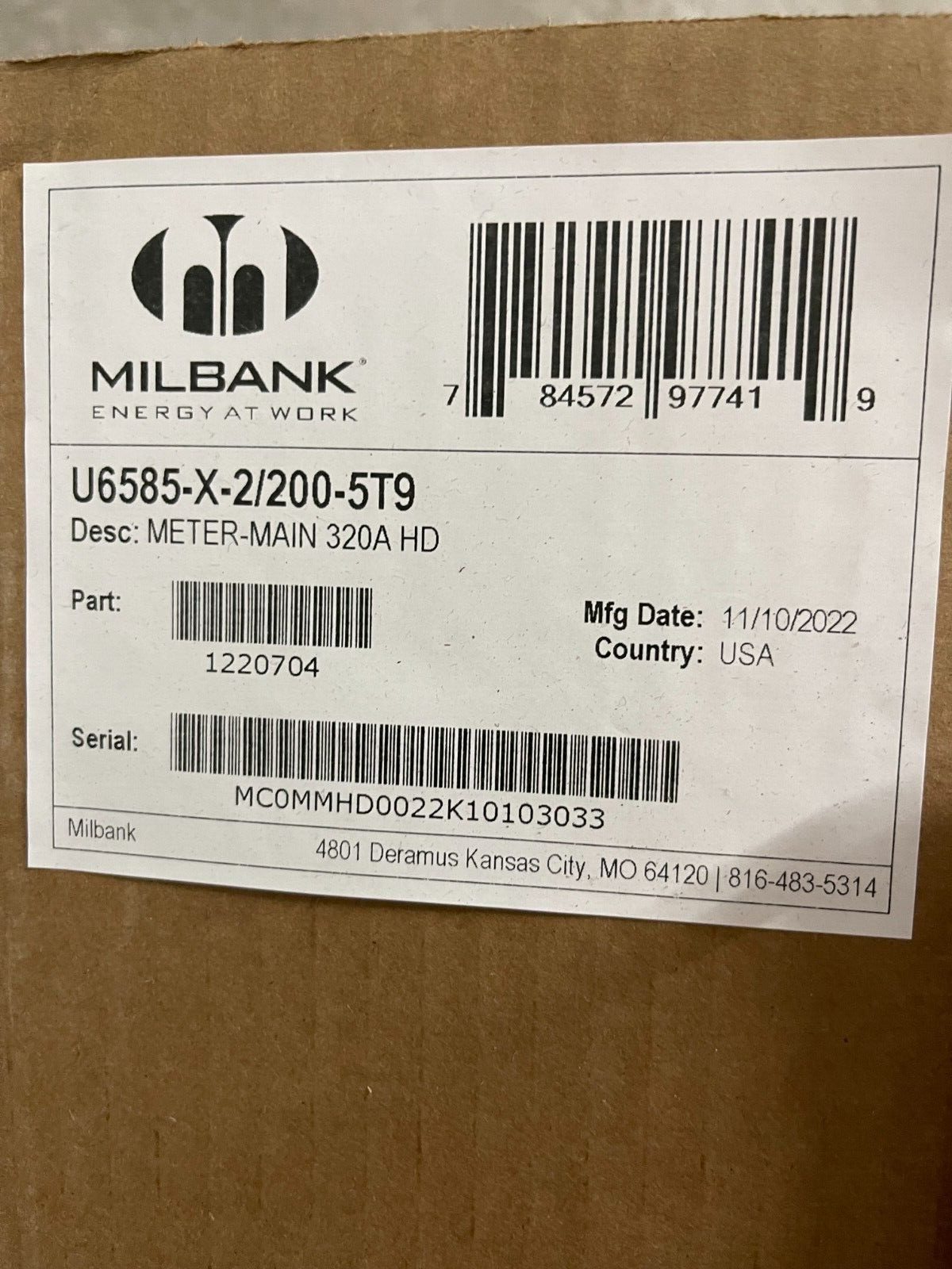 Milbank – 400/320 amp meter/combo, U6585-X-2/200-5T9 , with 2-200 a breakers