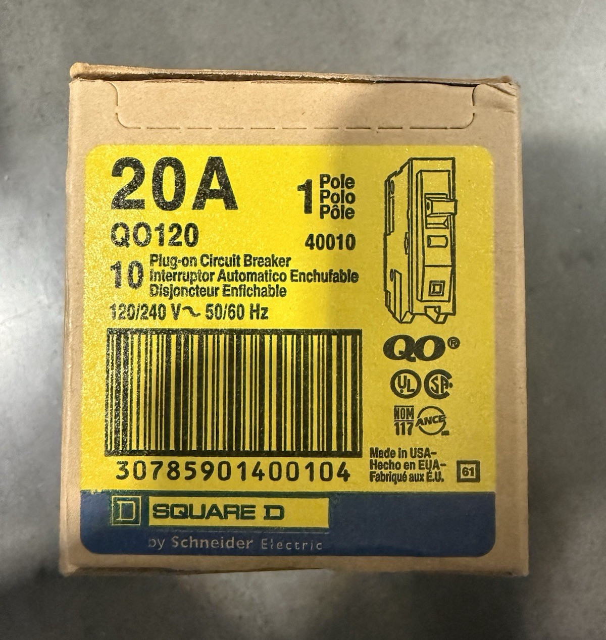 Square D QO120 20A 1-Pole 120/240V AC Plug-On￼ Circuit Breaker Trip Indicator