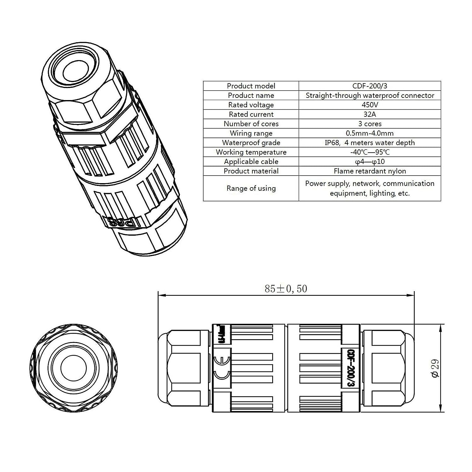 Outdoor Electrical Cable 3-Pin Wire Connector IP68 Waterproof Junction 3-Pole