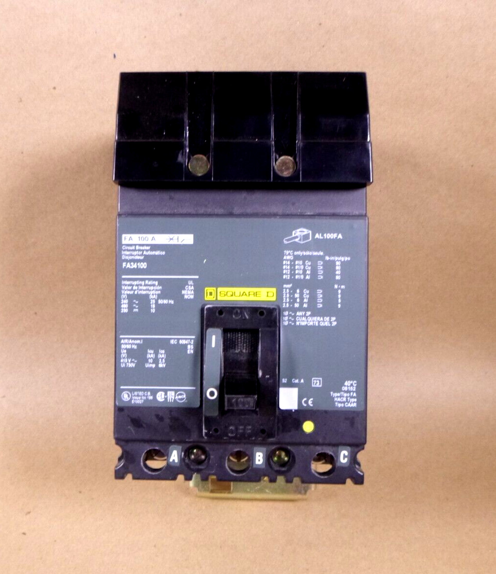 New Square D FA34100, I-Line Plug-In Molded Case Circuit Breaker 100A 3P 480V