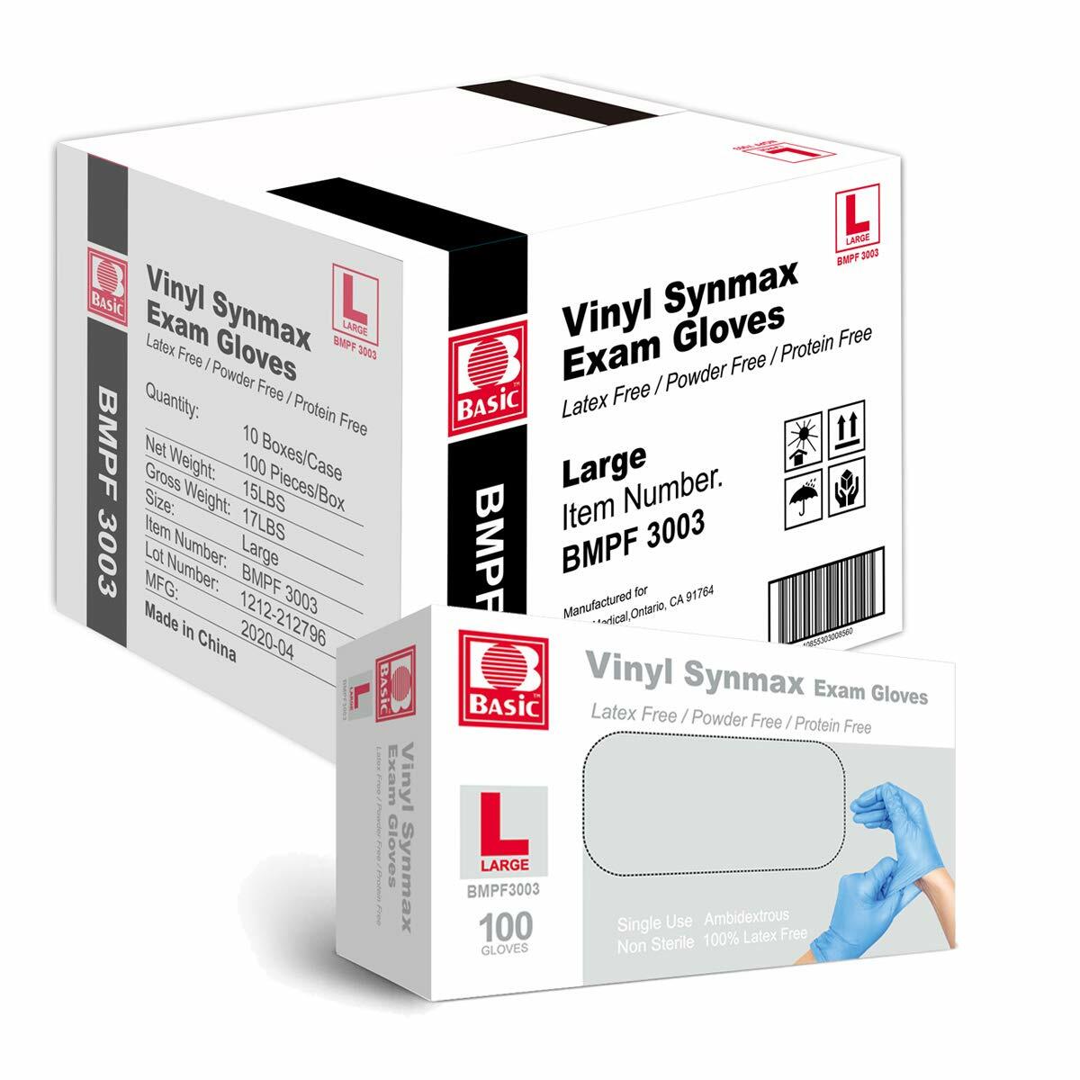 Basic 1000 PCS Blue Synmax Vinyl Exam Gloves Latex-Free & Power-Free L-SIZE