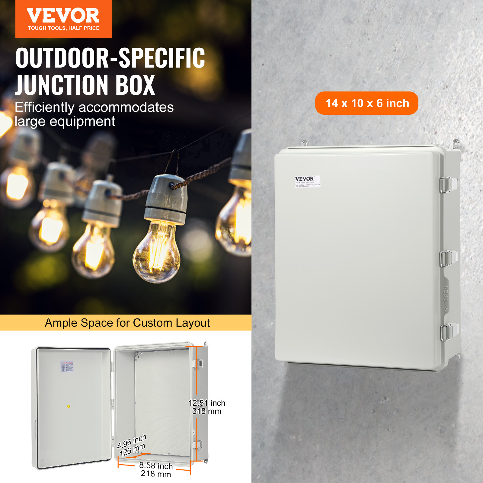 VEVOR Outdoor Junction Box 13.78×9.84×5.90 in ABS Plastic Electrical Enclosure
