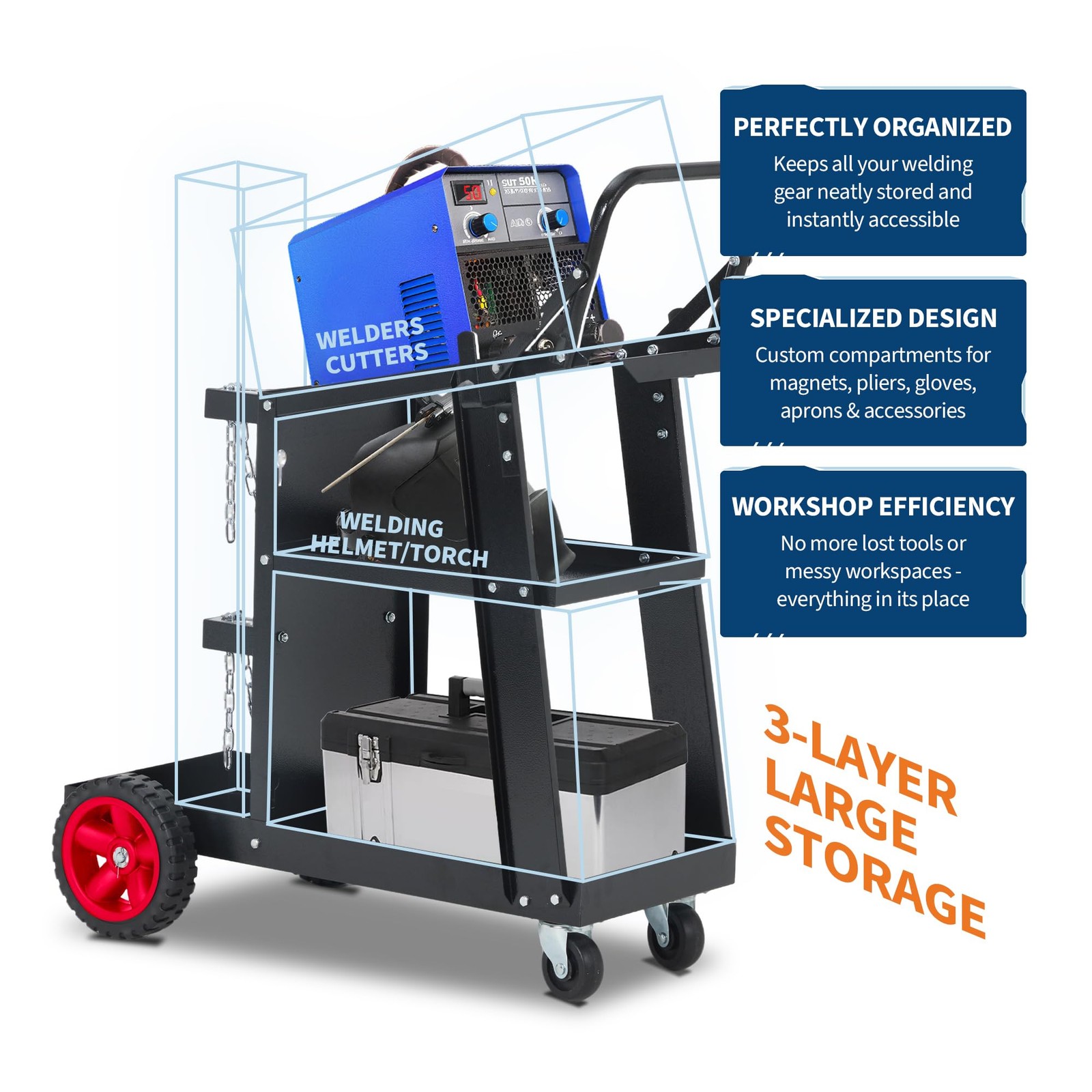 Welding Cart ,3-Tier Heavy Duty Rolling Welder Cart for TIG ,MIG ,Plasma Cutter