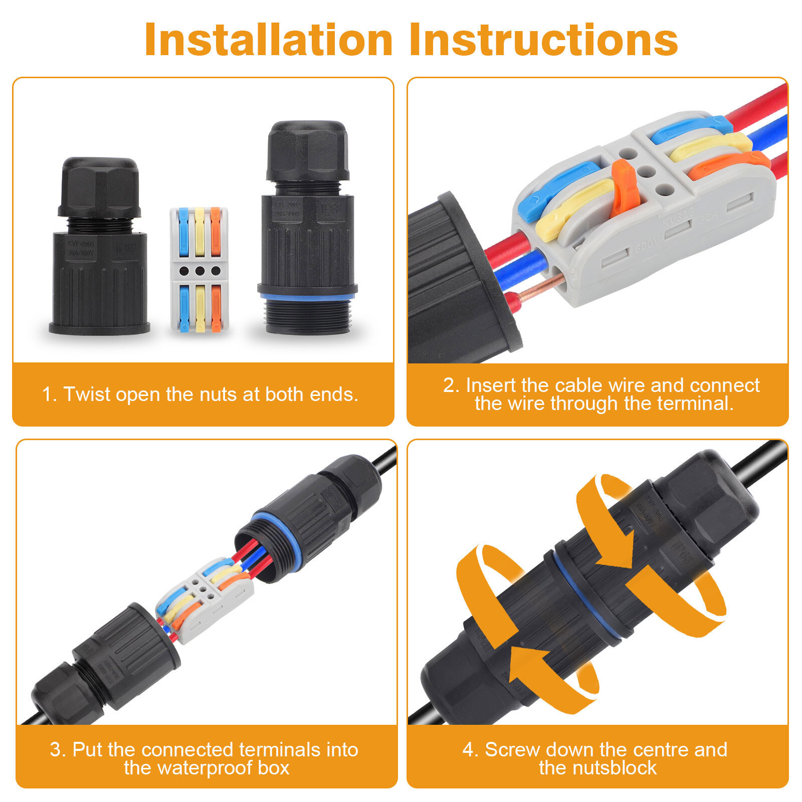 10PCS IP68 Junction Box Outdoor Waterproof 3 Pin Electrical Cable Connectors Kit