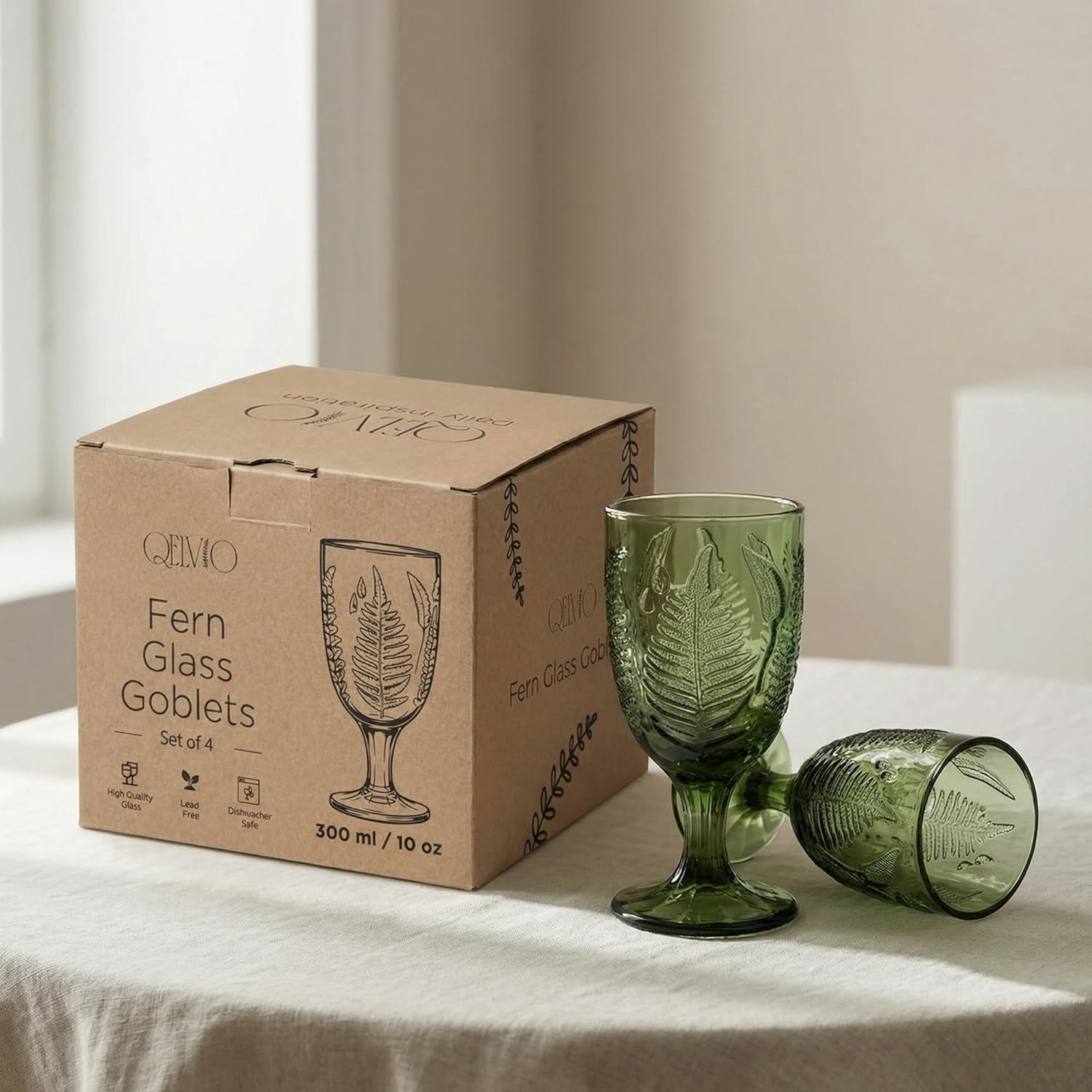 Vintage Green Stemmed Goblets Set of 4, Fern Embossed Textured Glass Wine